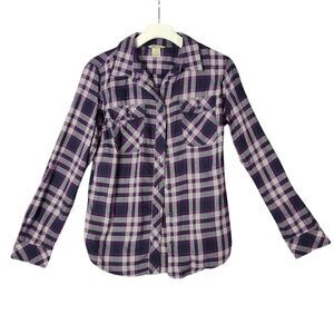 DULUTH Flannel Button Top Womens Size M Purple‎ Plaid Flap Pockets Granola Gorp